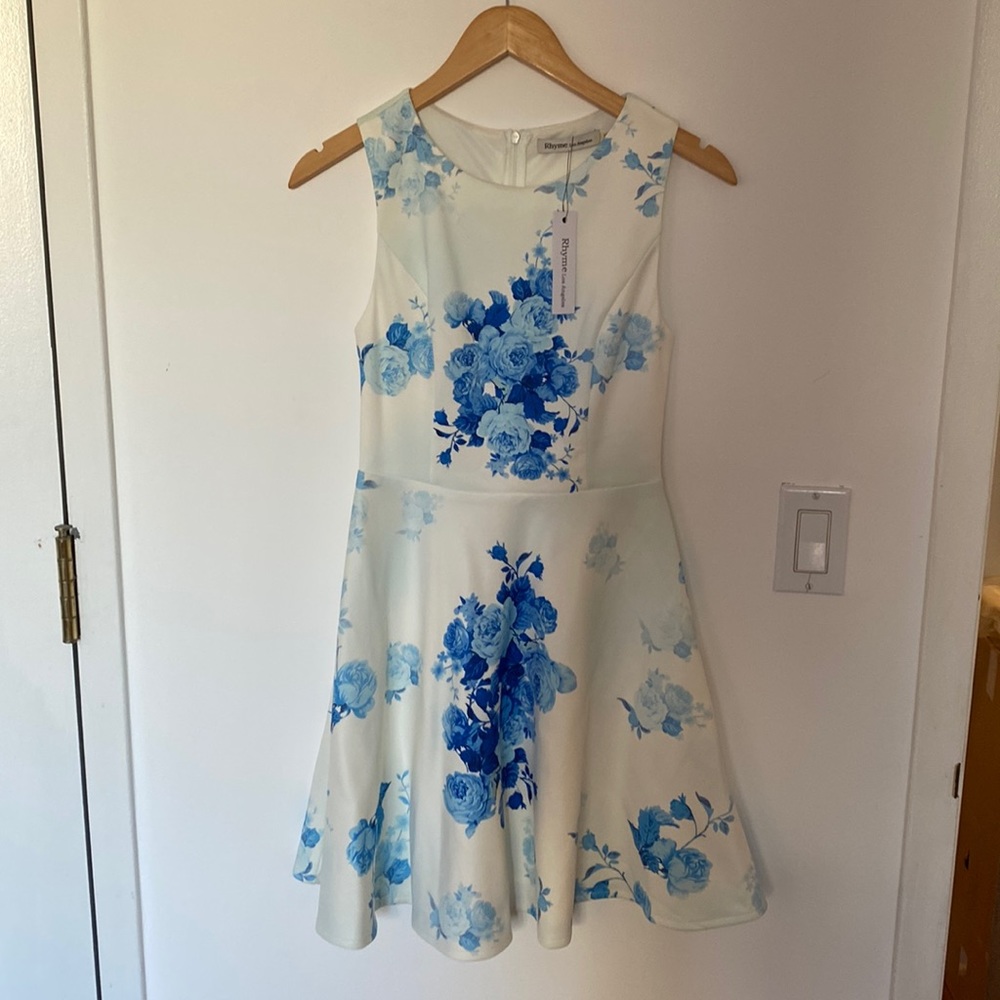 BEAUTIFUL white dress with blue flowers